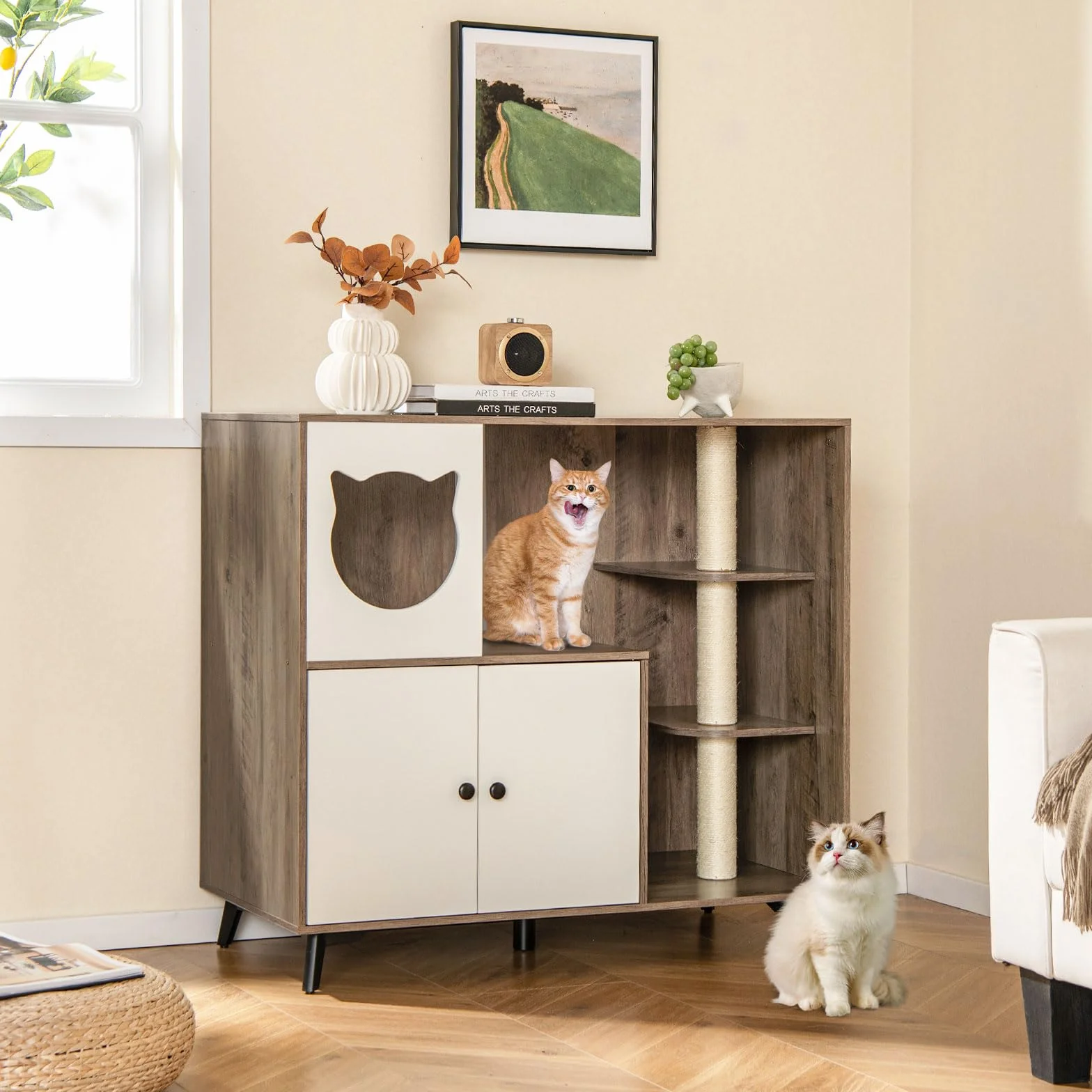 COSTWAY Mueble Arenero para Gatos con 3 Postes Rascadores de Sisal, Condominio para Gatos, Mueble para Caja de Arena 5 en 1 con Baño Oculto para Gato, Carga 30 kg, Gris y Blanco