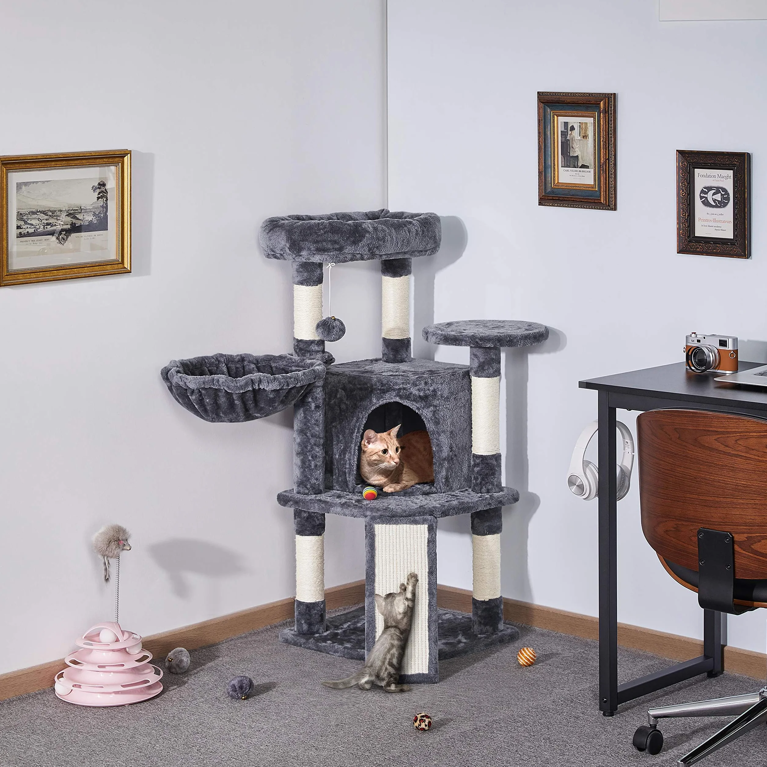 Yaheetech Árbol Rascador para Gatos Grandes 106 cm Altura con Espaciosas Cueva para Gato de Casa Torre para Mascato Grande Gris Oscuro | Rampa de sisal, Correa antivuelco, postes cuerda de sisal, Bola colgante sustituible, Condominio grande, cesta acogedo