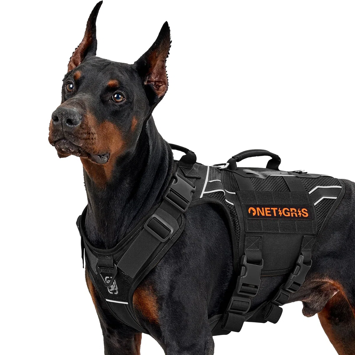 OneTigris Arnés Pecho Antitirones Perros, Aire Armor Mesh Arnés Perro Reflectante Ajustable, Táctica Arnes Perro Grande Mediano, con 2 Asas y 3 Anillos, con Sistema Molle - Negro L