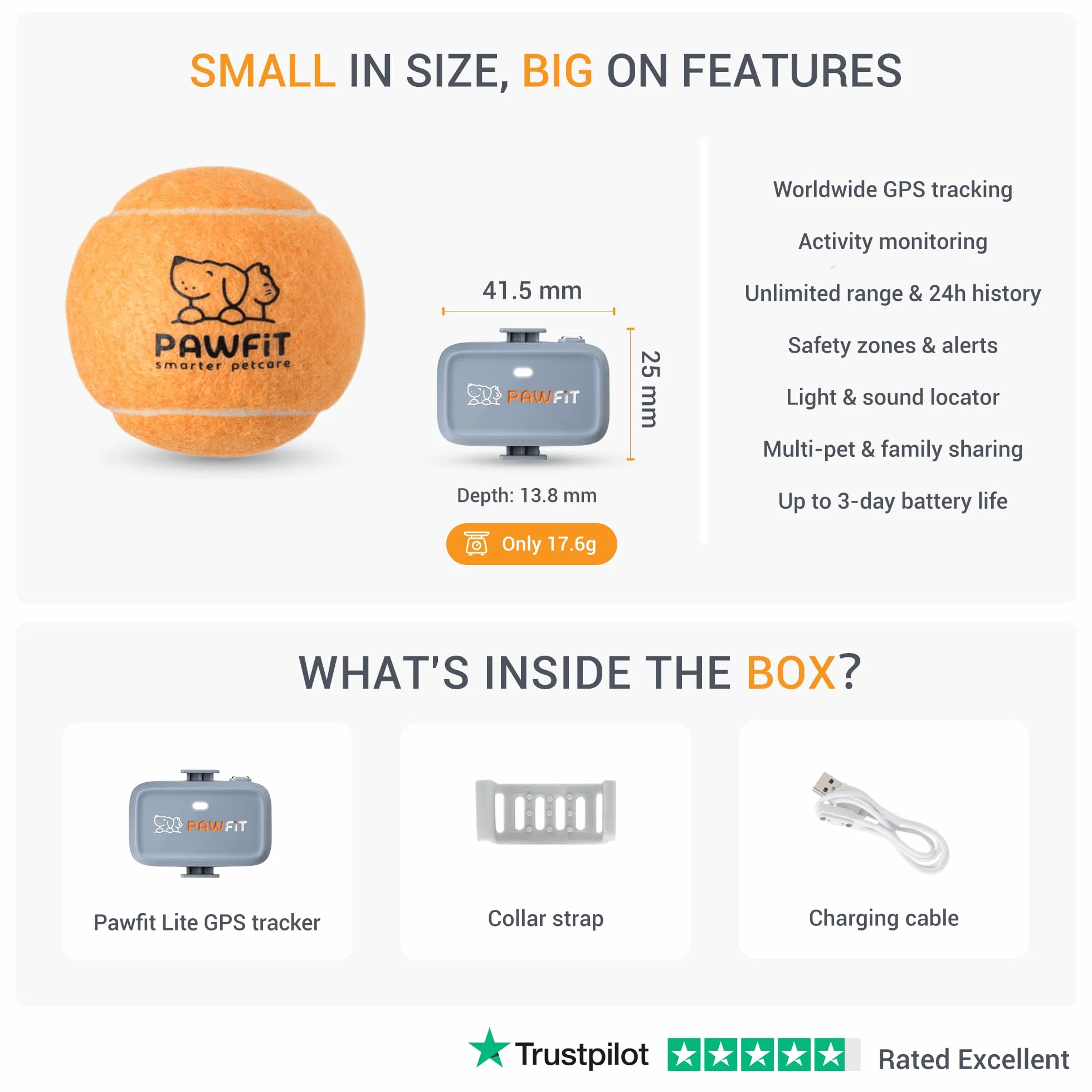 Pawfit Rastreador GPS Lite for Dogs 4g | Monitoreo en tiempo real | Seguimiento de actividad | Historial de ubicaciones | Rango ilimitado | Collar de seguridad incluido|Onyx negro
