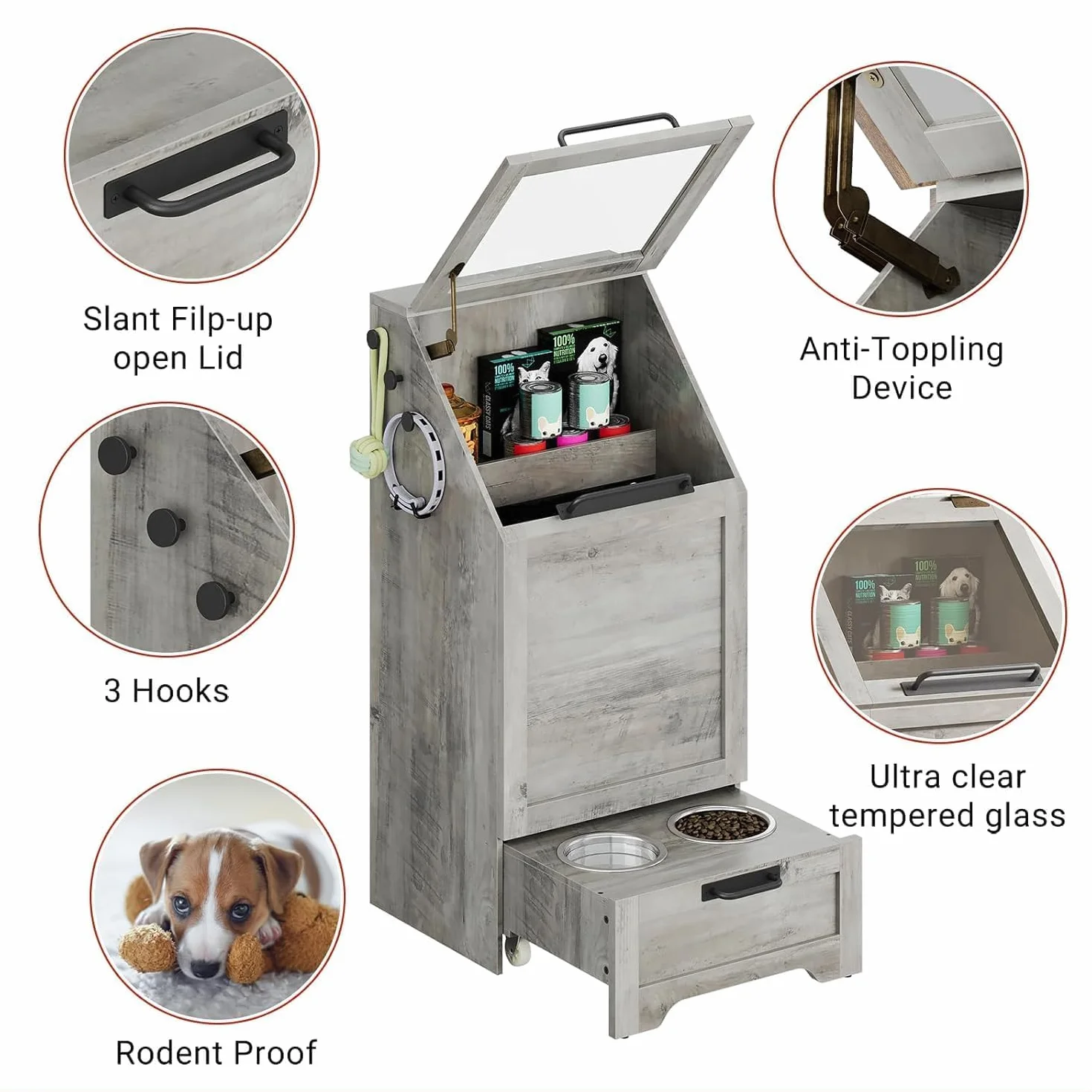 IDEALHOUSE Estación De Alimentación para Perros con Armario De Almacenamiento 11kg - Cuencos Elevados De Acero Inoxidable y Depósito Hermético con Tapa Abatible - Madera para Salón o Cocina (Gris)