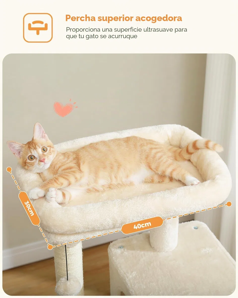 PAWZ Road Árbol para Gatos Con Hamaca de Felpa de Metal, Torre Con Casa Condo de 2 Puertas, Estantes de 6 Niveles Con Poste Rascador, Gran Barra Superior Beige 116 cm