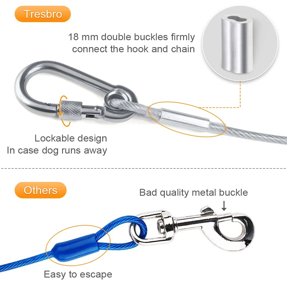 Tresbro Sistema de Trineo Con Correa Para Cable Para Atar a Los Perros, Cadena de Corredor de Amarre de 50 Pies / 15 Metros para Perros de Hasta 250 Libras