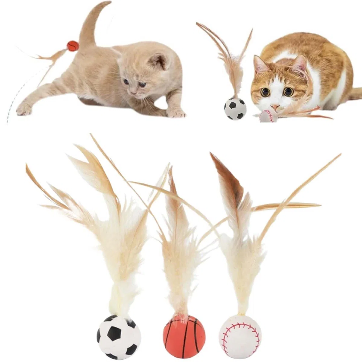 Juego de juguetes interactivos de bolas de plumas para gatos, juguetes elásticos para gatos con cola de plumas, bolas rodantes de silicona para gatos de interior y ejercicio de gatitos, juego