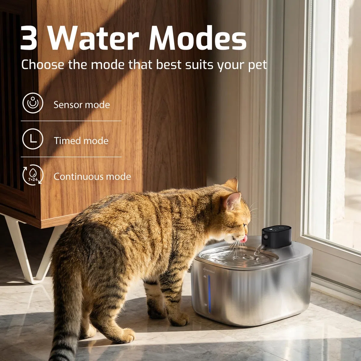 Fuente de agua para gatos de acero inoxidable, 4,5 L, inalámbrica, para mascotas, cuenco de agua automático para gatos y perros con sensor de movimiento, fuente de agua filtrada