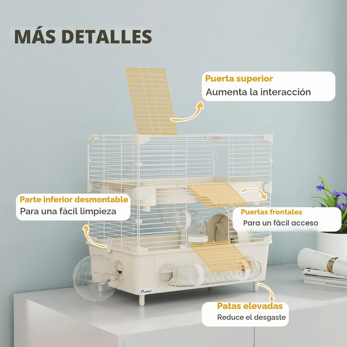 Jaula para hámster PawHut de 2 Niveles y 3 Puertas con Rueda, Caja de Arena y Tubos de Juego, Jaula para Mascotas de Acero, PS y PP, 44,5x28x44 cm, Crema y Blanco | Caja de arena con tubos de juego, jaula para hámster, acero, PS y PP, 44,5 x 28 x 44 cm