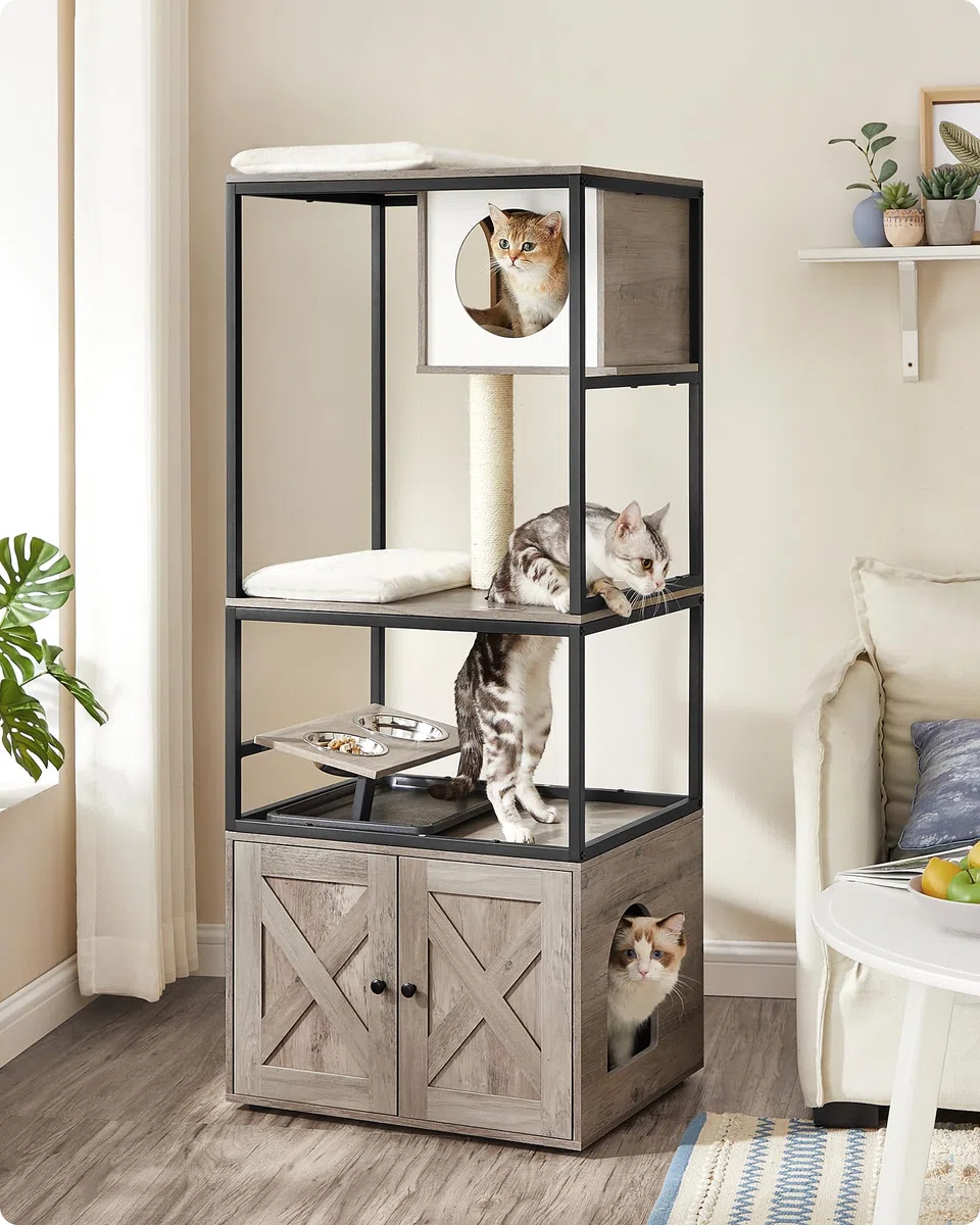 Feandrea Árbol para Gatos, Casa para Gatos con Mueble para Bandeja Higiénica, Soporte para Comedero Elevado, Tronco de Sisal, Cojines Lavables, Beige PCT312G01