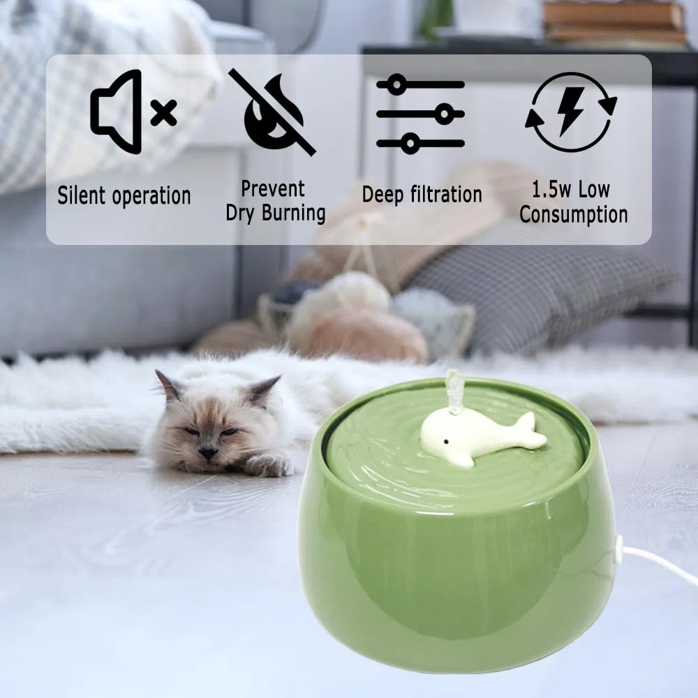Fuente de agua de cerámica para gatos, 45 onzas/1.3 litros, dispensador automático de agua potable para gatos de interior con bonito diseño, filtro de carbón activado, perfecto para gatos y perros