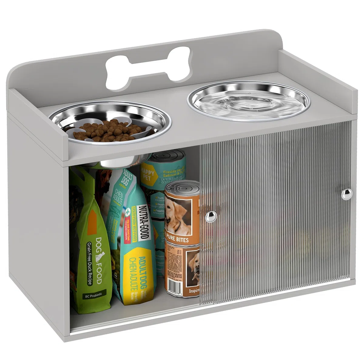 PawHut Comedero Elevado para Perros con Armario de Almacenamiento de 50 l, 2 Cuencos de Acero Inoxidable con Anillos Antideslizantes, Puertas correderas, comedero con comedero Lento para Perros