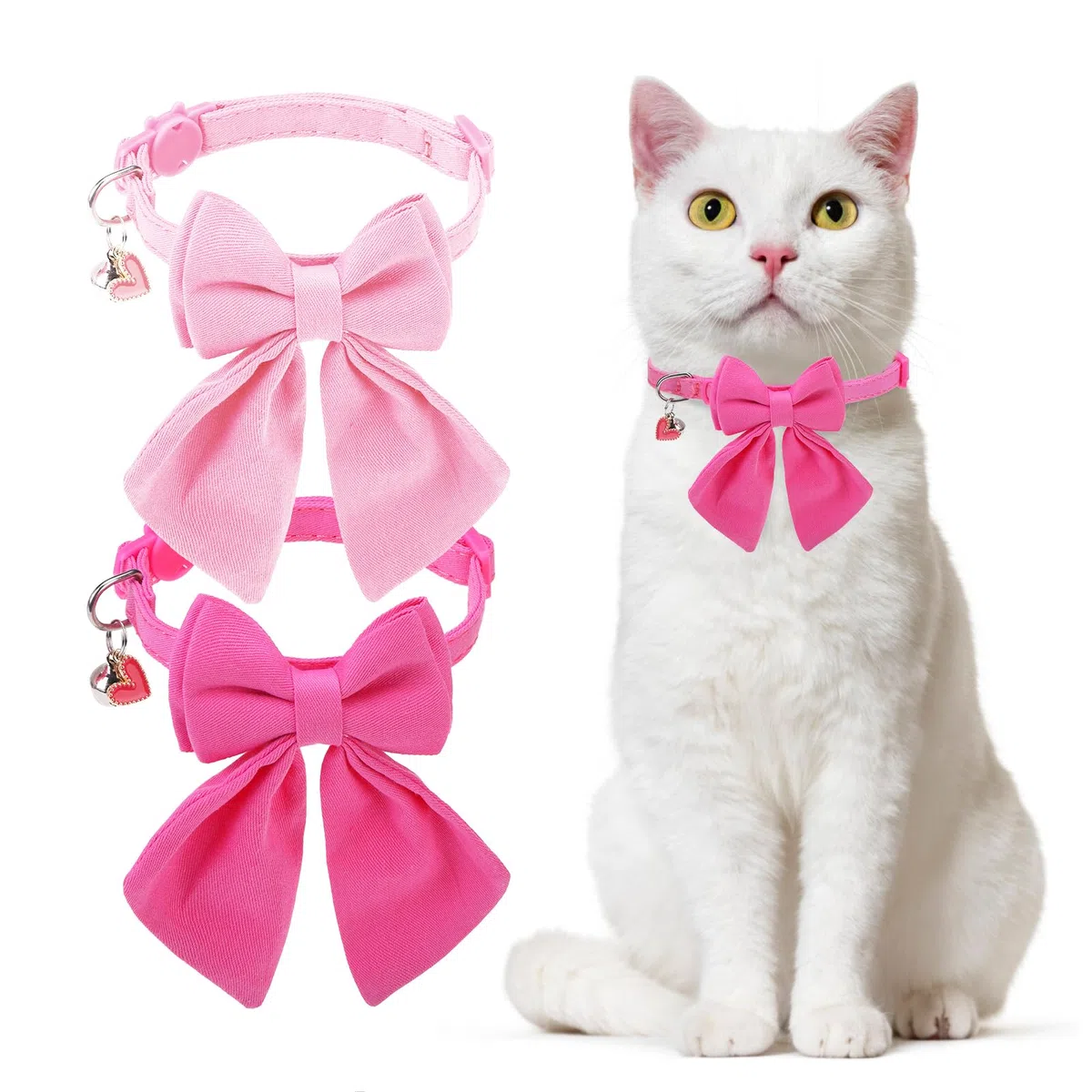 Collar de gato con campanas, collar de lazo rosa para gatos hembra, collar de gatos pequeños con lazo para primavera y verano, paquete de 2 collares suaves y bonitos con cuello de camisa