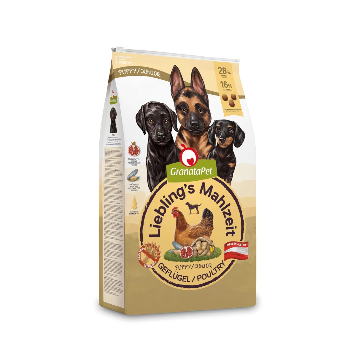 Liebling´s Mahlzeit GranataPet Comida Favorita para Aves de Corral Junior, 10 kg, Comida Seca para Perros, Comida para Perros sin Cereales y sin azúcares añadidos, pienso Completo | Pienso completo, sin cereales, sin azúcar, aceite de salmón y mejillón de