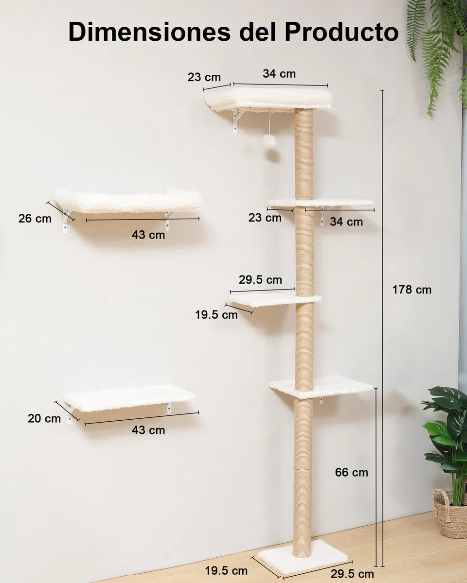 FUKUMARU Rocódromo para Gatos, 178 cm de Altura, Robusto Conjunto 3 en 1 de Madera Maciza Multicapa, con rascador y 2 estantes de Pared, Pared para trepar Que Ahorra Espacio, Beige