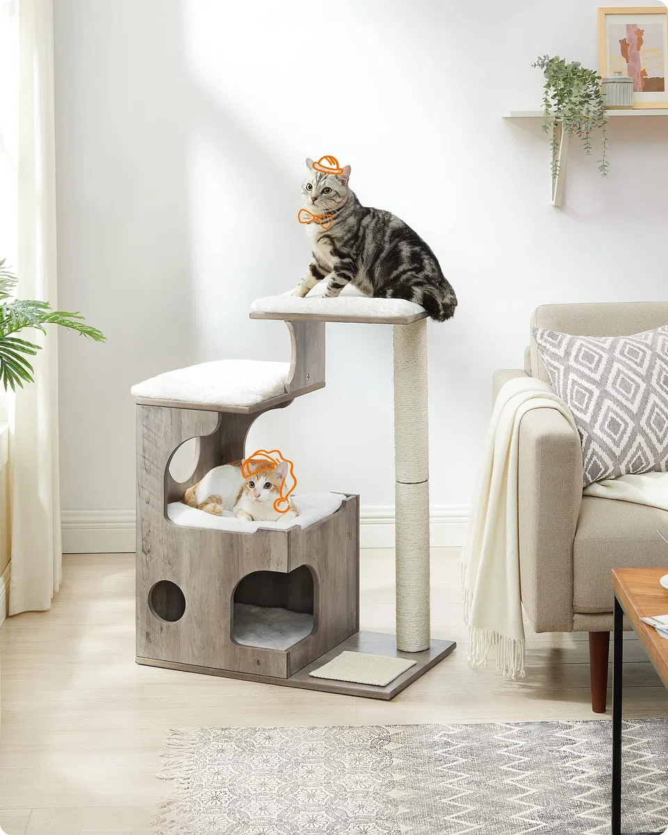 Feandrea Árbol de Gatos, Tablero de aglomerado de 86 cm de Altura, con Poste de Sisal, Plataforma, Cubierta de Piel Sintética Lavable, Greige Melange PCT070G01