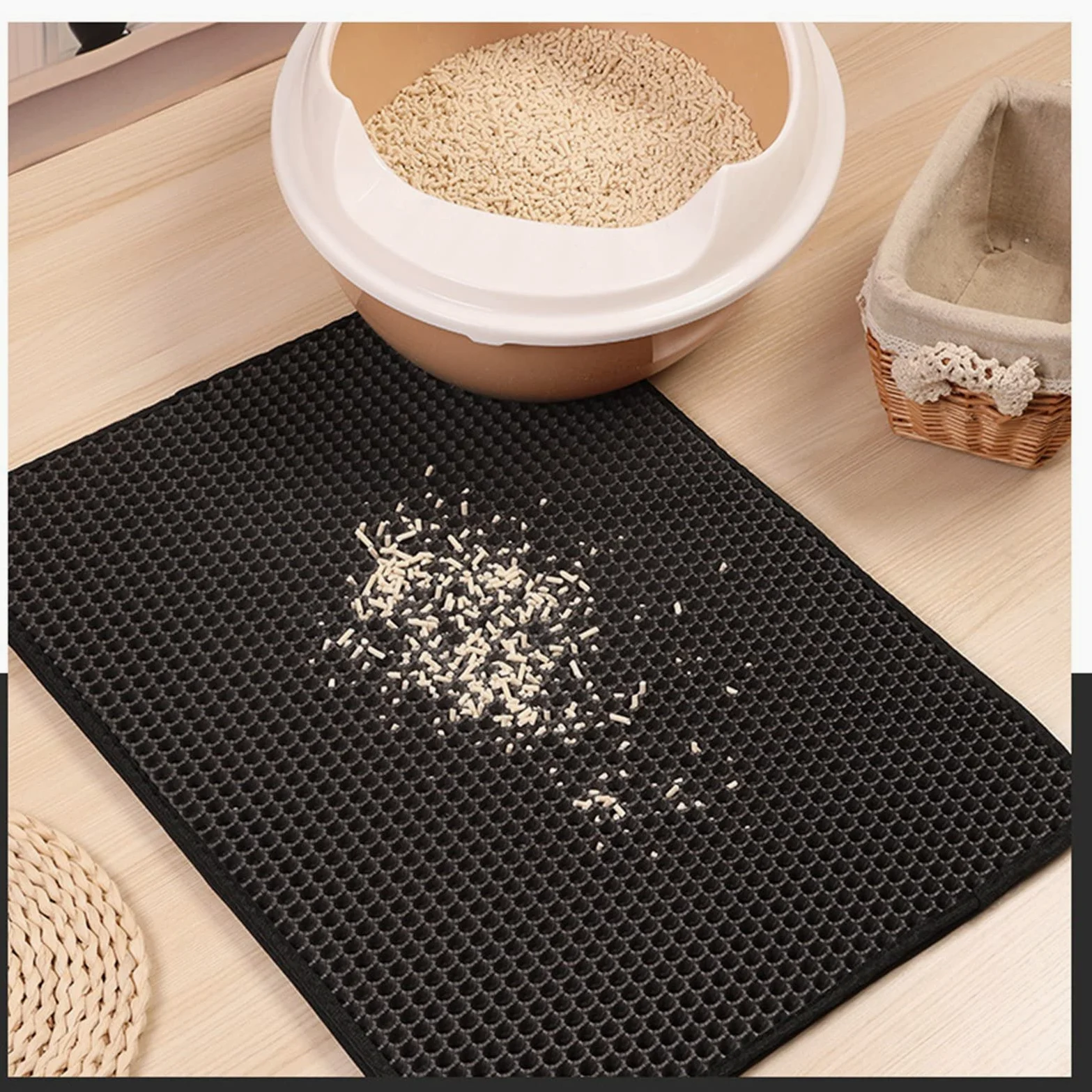 KIMISS Estera para Atrapar para Gatos, Doble Capa, Impermeable, Antideslizante, Fácil de Limpiar, Estera para Residuos de Gatito para Alimentación de Mascotas (BLACK)