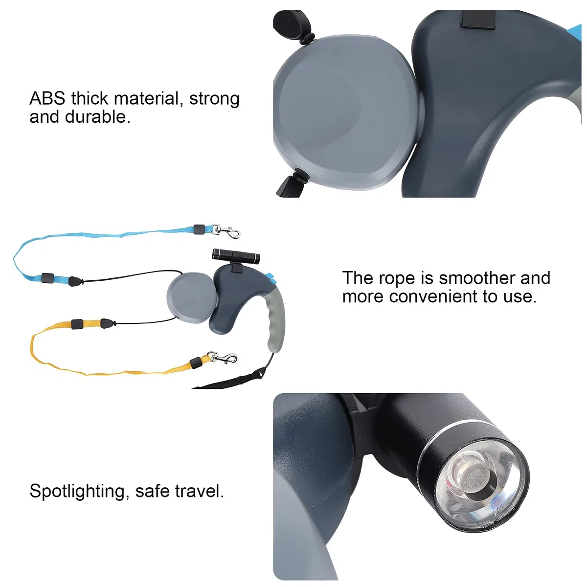 Correa Doble Retráctil para Perros con Luz LED, Correa Doble para Mascotas para Dos Perros Caminando, Cordón Ajustable, Cómodo, Material ABS (Gray)