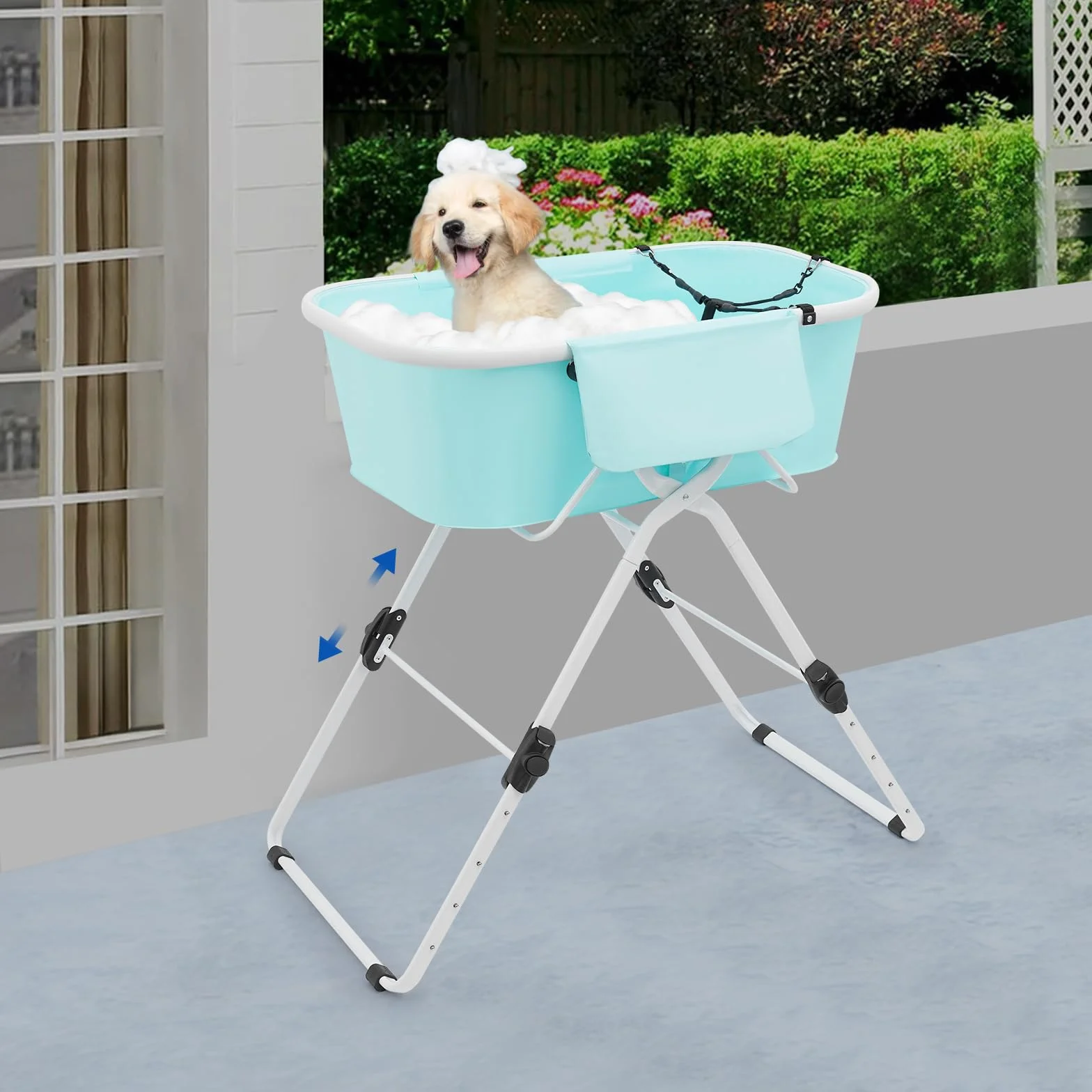 Bañera para Perros MEELRYD, Bañera Elevada para Mascotas, Ajuste de Altura de 70-100cm, Bañera Plegable para Perros con Tubo de Drenaje, para Perros y Gatos Pequeños a Medianos, Máx. hasta 68KG