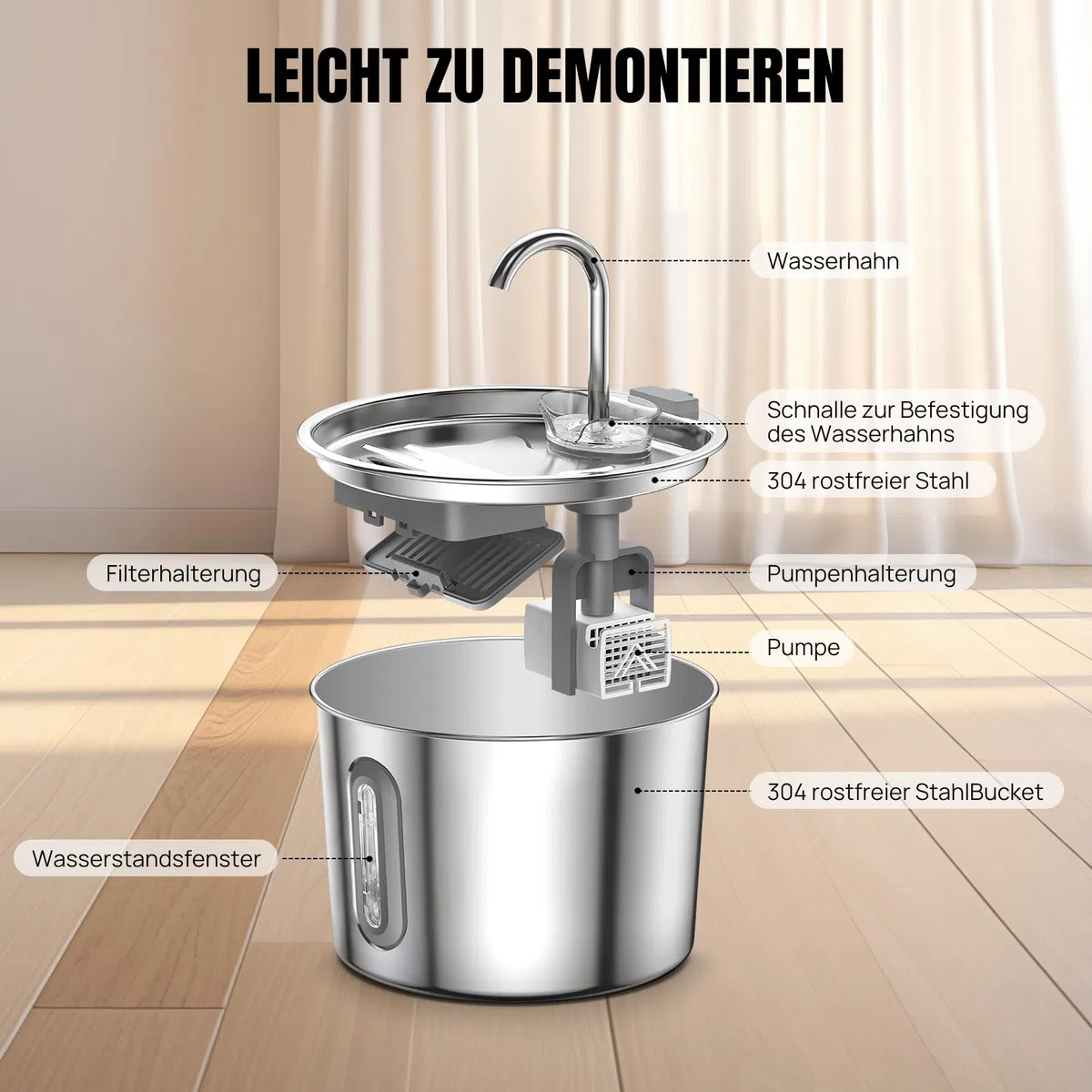Fuente para gatos de acero inoxidable para gatos, fuente de agua para gatos, 2,2 l, fuente de agua súper silenciosa para perros, mantiene el agua fresca, con 2 filtros de carbón + 1 esponja