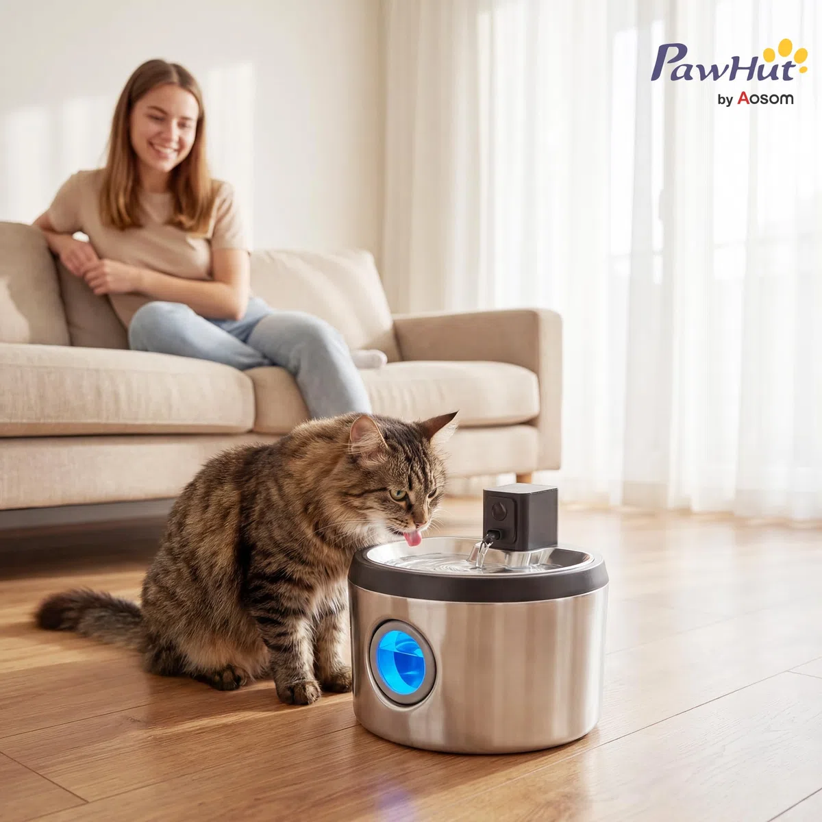 PawHut Fuente para gatos, 4 l, inalámbrica, acero inoxidable, con detector de movimiento, color plateado | Fuente para beber, 6 filtros, sistema de filtración doble, ventana LED, ultrasilenciosa, funciona con pilas, para 30 días