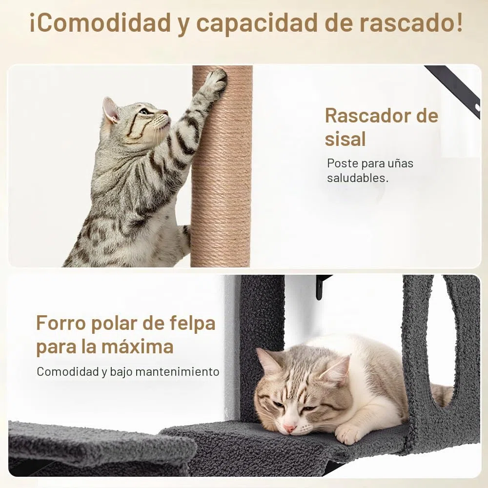 PawGiant Estantes 5 en 1 para gatos, juego de muebles de pared de madera para escalar gatos, con estante montado en la pared, postes rascadores de árbol para gatos y rascador para gatos de interior