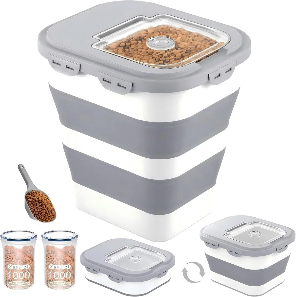 Contenedor de almacenamiento de alimentos para perros de 35 a 40 libras, contenedor plegable para alimentos para mascotas con tapas herméticas, ruedas desmontables, cuchara y 2 recipientes de