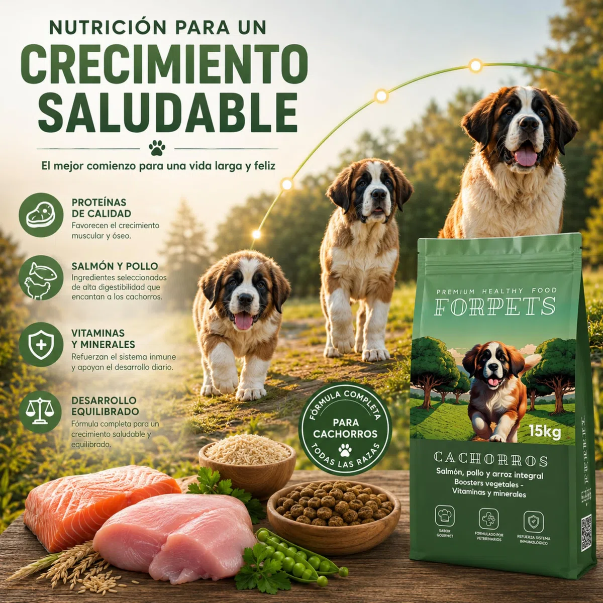 Pienso para Cachorros 15 kg | Salmón, Pollo y Arroz Integral | Digestión Sensible y Crecimiento Saludable | Sin Gluten, Alto en Proteína | Razas Pequeñas, Medianas y Grandes | FORPETS