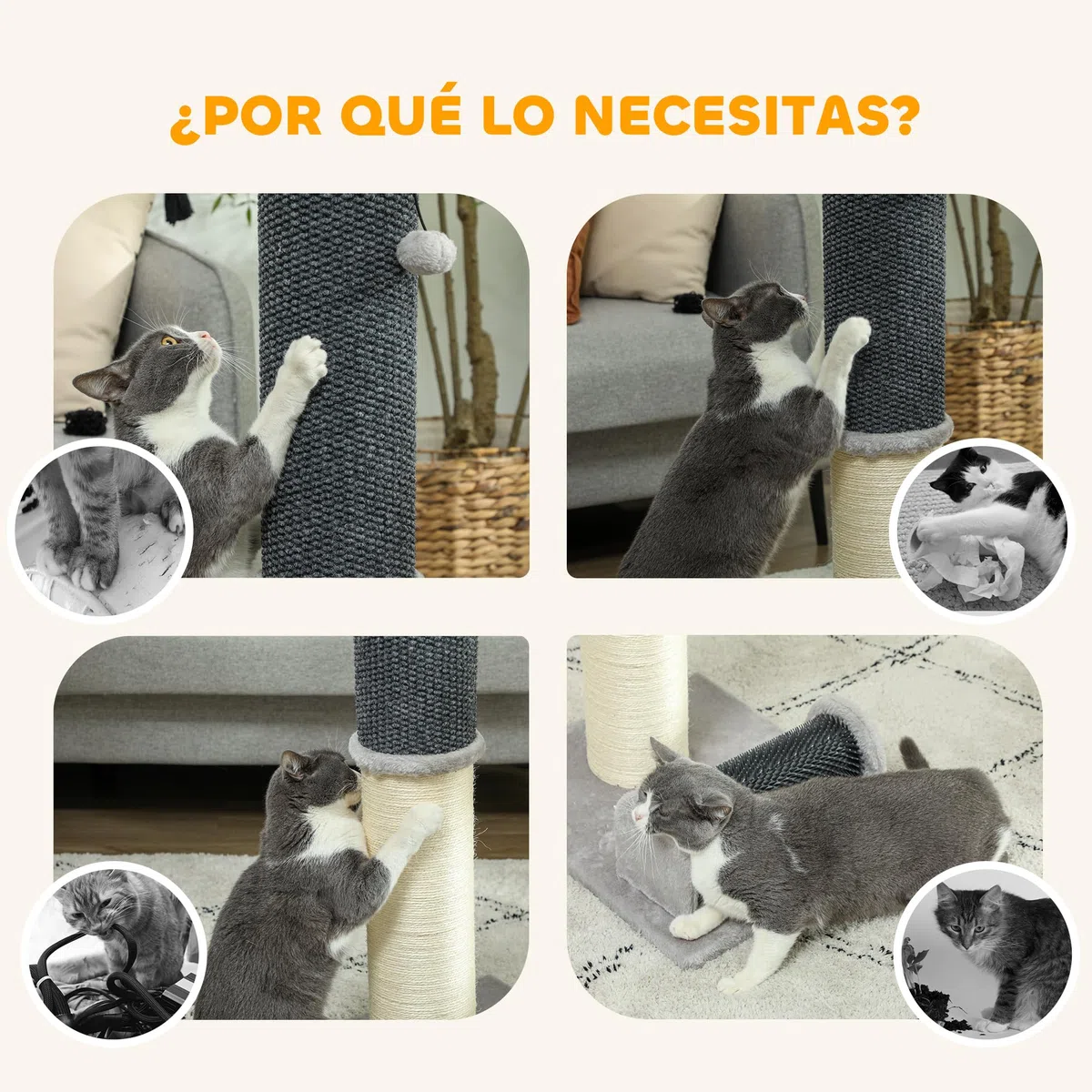 PawHut Poste Rascador para Gatos 85 cm con Poste de Sisal Gris y Crema