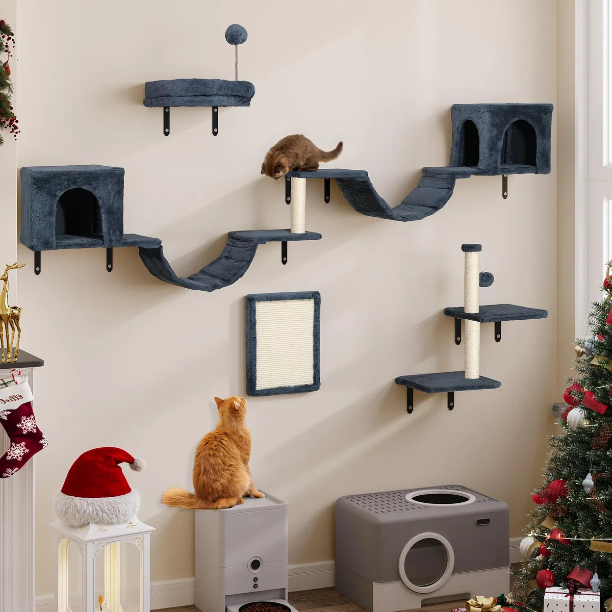 YITAHOME 8PCS Estante de Escalada para Gatos Montado en La Pared, Muebles de Pared de Madera para Gatos Árbol para Gatos con Postes Rascadores/Casa/Puente/Escaleras/Bola Colgante, Gris Oscuro