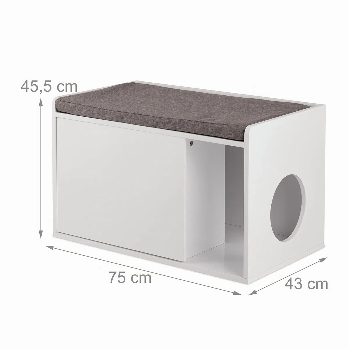 Relaxdays Mueble Arenero Gatos Asiento, 2 en 1, Cómoda Felinos con Banco, 45,5 x 75 x 43 cm, Baño Gatitos, Blanco y Gris