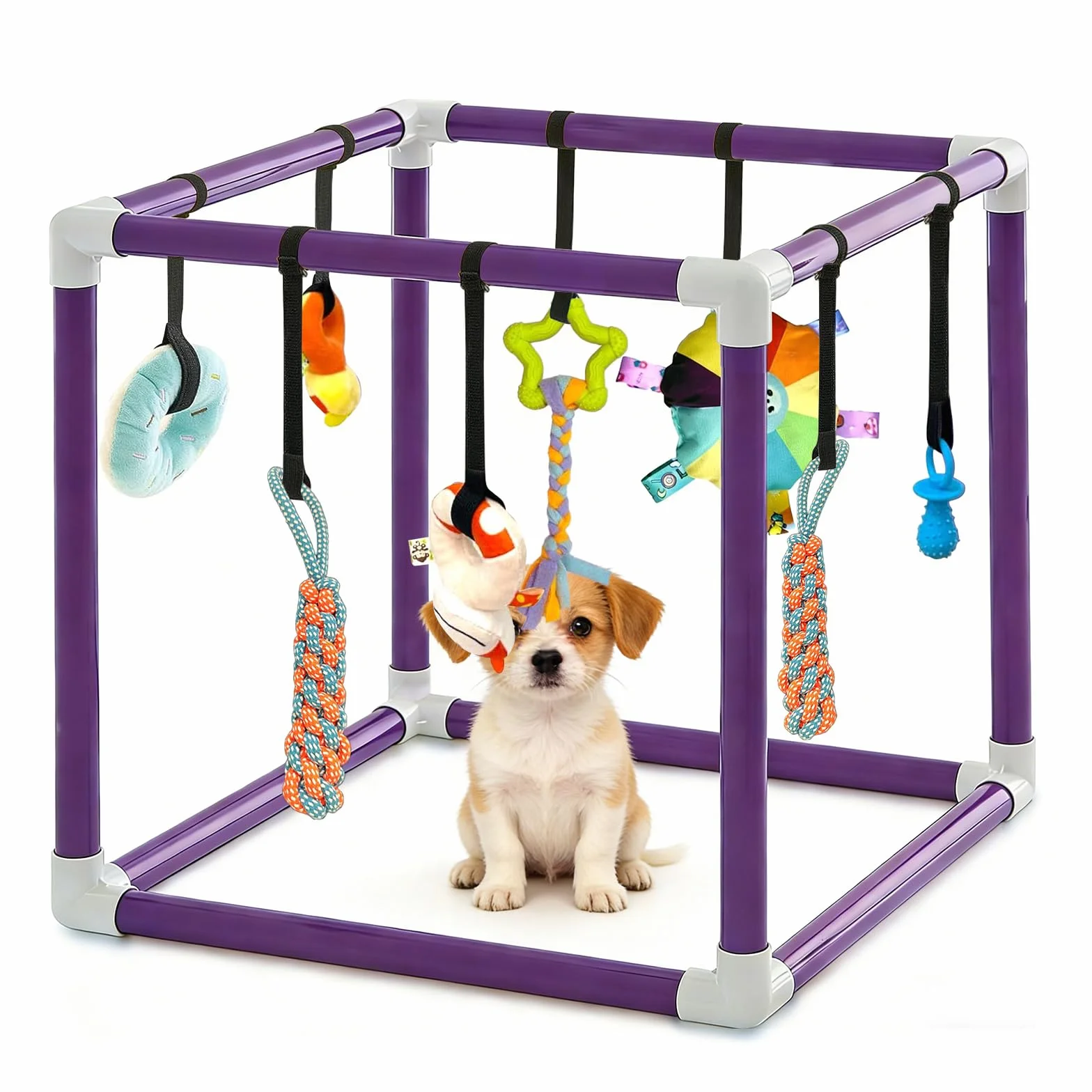 Estudio de juegos para cachorros con 8 juguetes colgantes, marco de PVC morado, centro de actividades para perros pequeños, estudio de juegos para cachorros para perros pequeños, paraíso con