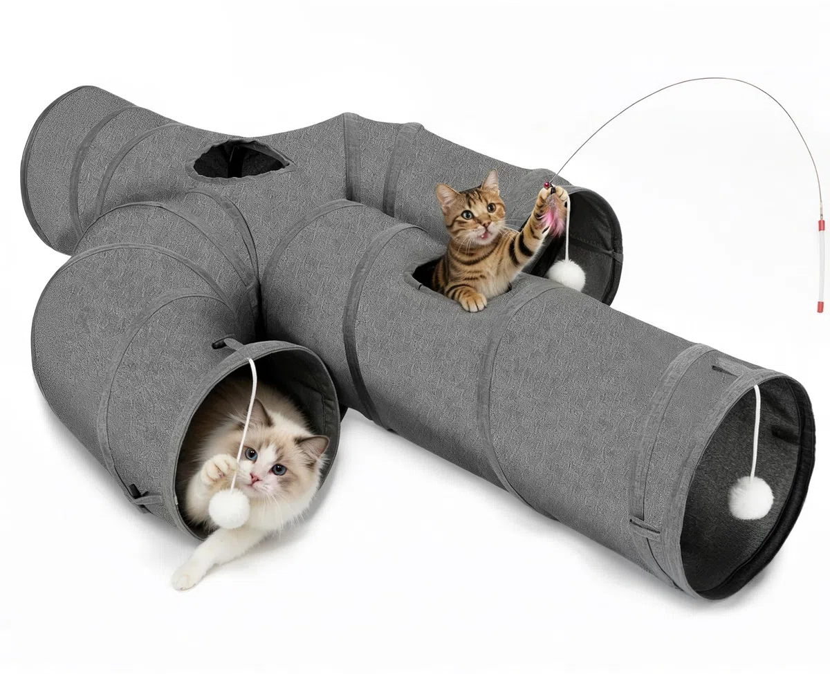 Ownpets Túnel para gatos, túnel para mascotas con forma de cactus más grande con tela Oxford resistente, plegable y resistente a desgarros, con múltiples salidas, bola colgante y varita teaser, gris,