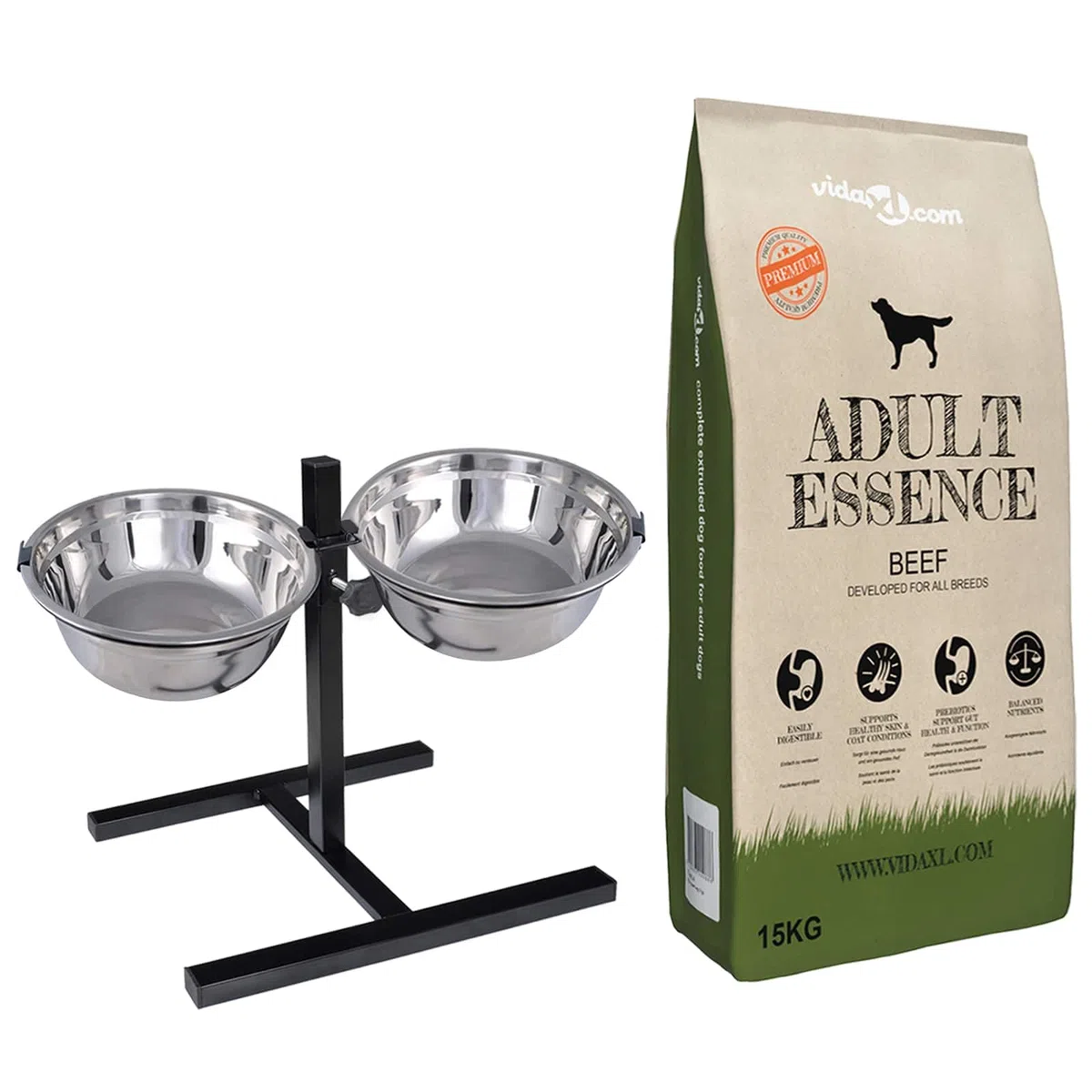 Comedero con comedero y cuencos de acero inoxidable para perros, altura regulable de 6 a 48 cm, 4,1 L por cuenco, marco de acero recubierto de polvo plateado y negro