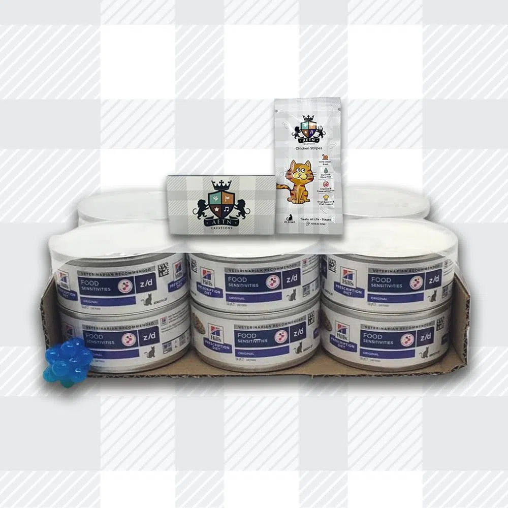 AETN Creations Z/D Alimento Húmedo para Gatos con Sensibilidad Alimentaria, Paquete de 12 Latas de 156g, con Golosina y Juguete para Gato de AETN