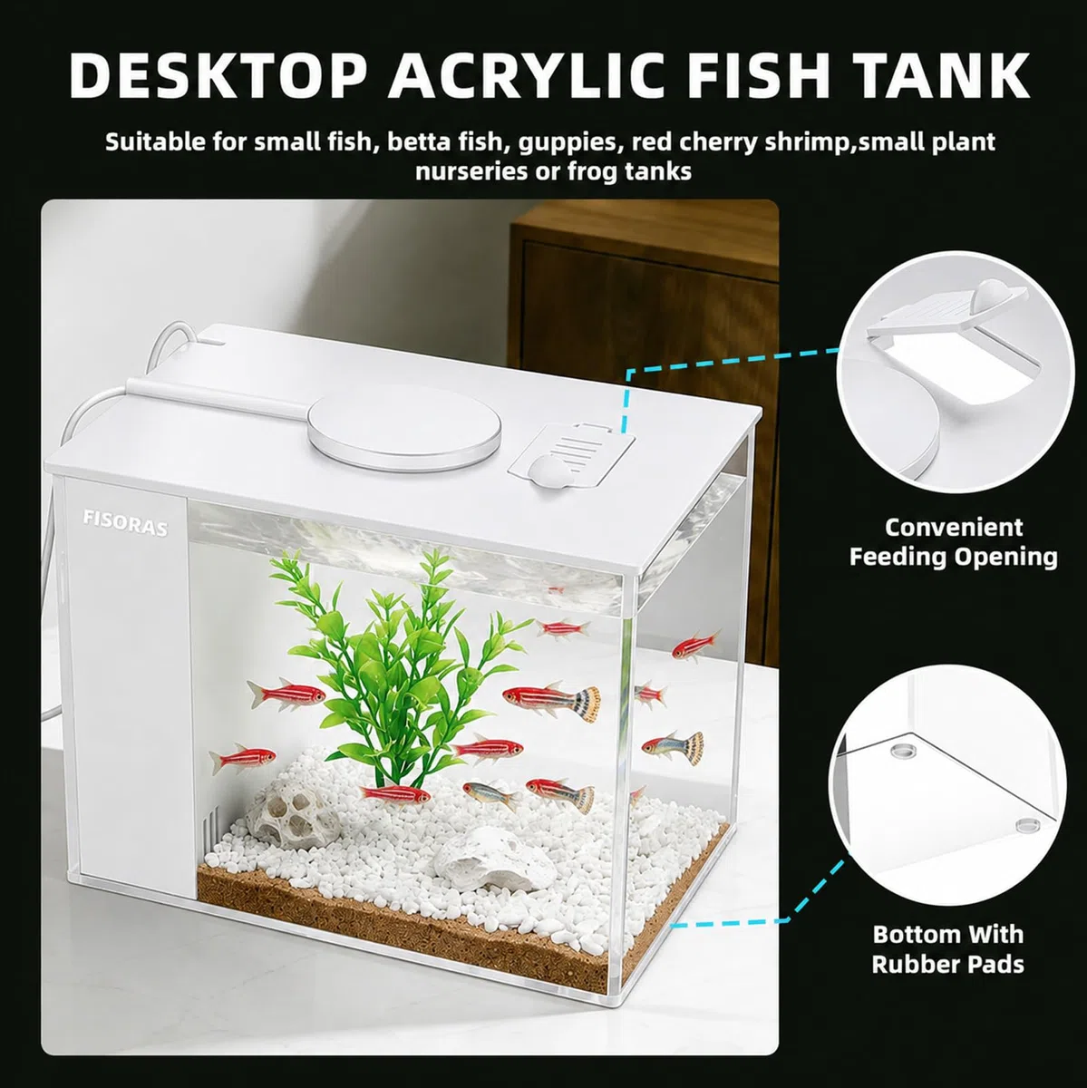 Acuario pequeño de 0.5 galones con bomba de filtro de agua y luz LED, color blanco