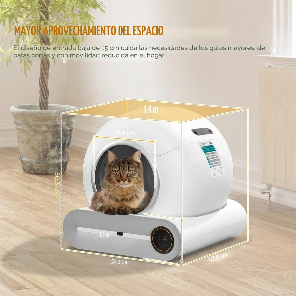 Caja de Arena Autolimpiable para Gatos Con Detector de Infrarrojos y Sensores de Peso, Eliminación de Olores, Gran Capacidad de 65 L + 9