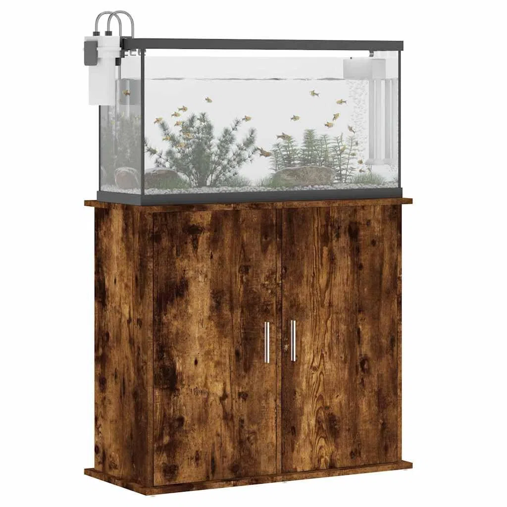Soporte para acuario, madera de roble ahumado, 81 x 36 x 73 cm, con espacio de almacenamiento y puertas, armario inferior estable para acuario, estantería y almacenamiento de accesorios en el