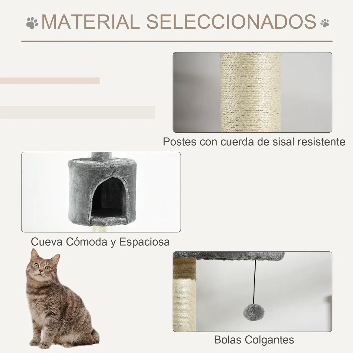 PawHut Árbol Rascador para Gatos para Techo con Cueva 255 cm Gris Claro