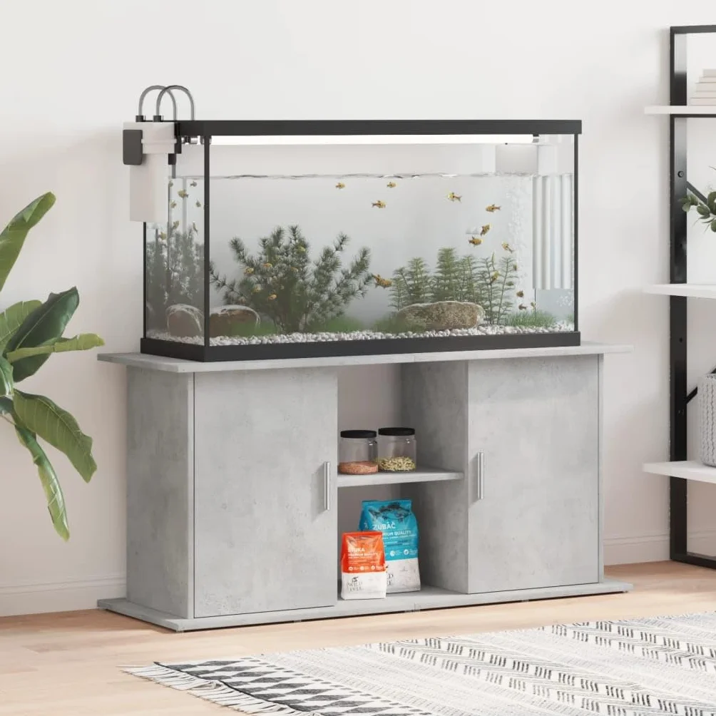 Soporte para acuario, color gris hormigón, material de madera, 121 x 41 x 58 cm, armario inferior estable con espacio de almacenamiento y cajón como estante, muebles, zócalo para peceras
