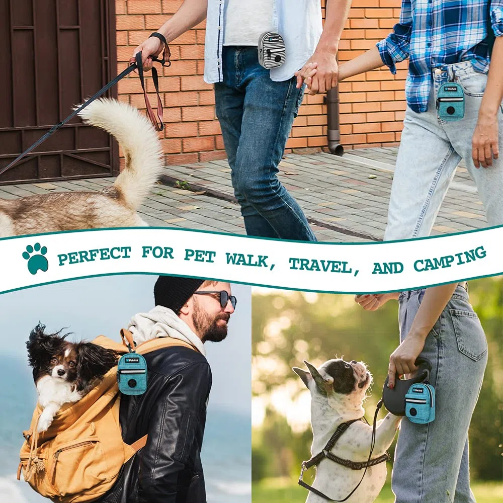 PetAmi Soporte para bolsas de excrementos de perro, dispensador de bolsas de basura para perros con clip para correa y cinturón, soporte portátil de tela para bolsas de basura para perros, para