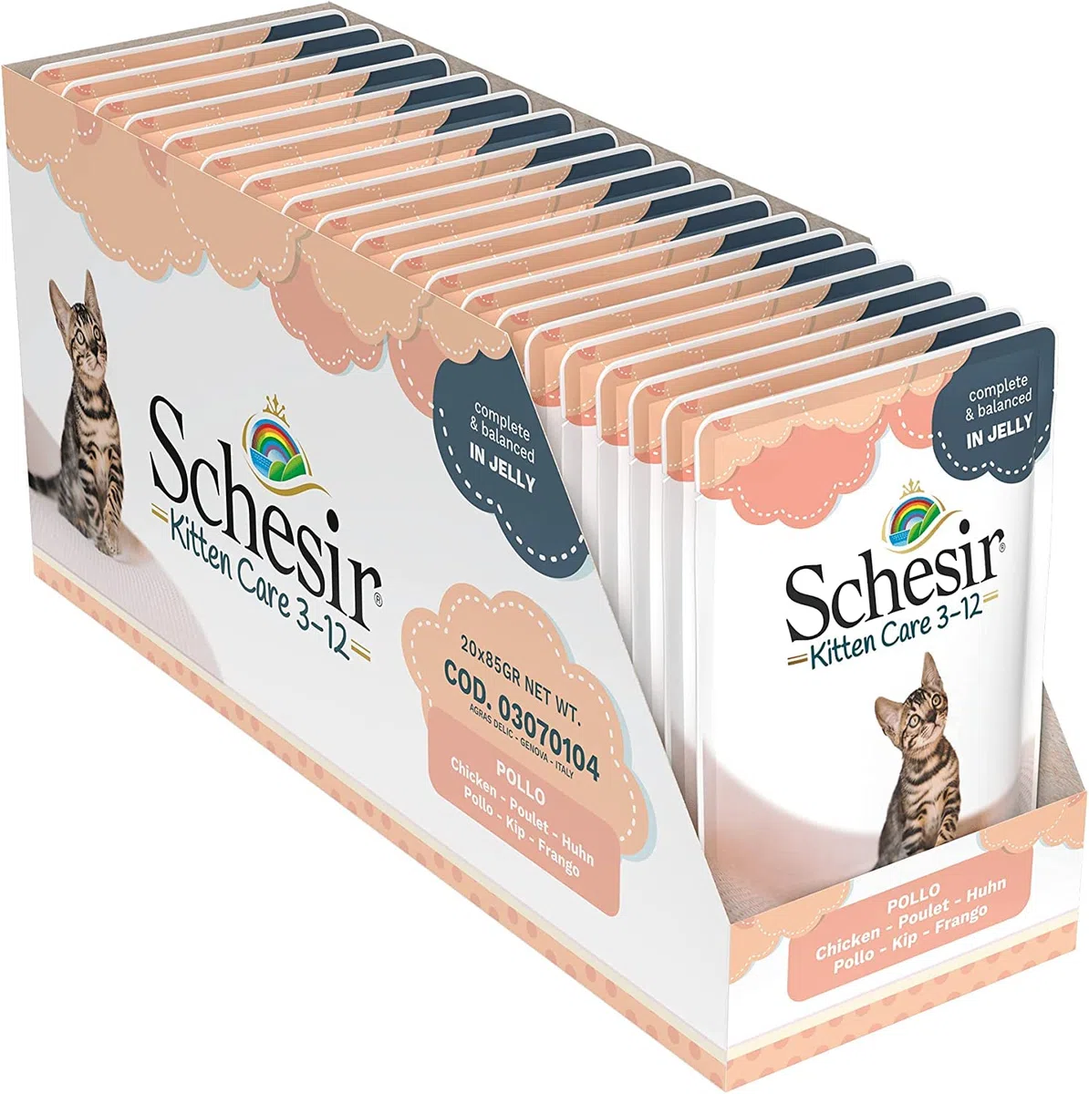 Schesir, Comida Húmeda para Gatitos, Sabor bacoreta en gelatina Blanda - Total 1,7 kg (20 Sobres x 85 gr) & Filete de pollo Cat Jelly Kitten, alimento húmedo para gatitos en gelatina, 20 bolsas x 85 g