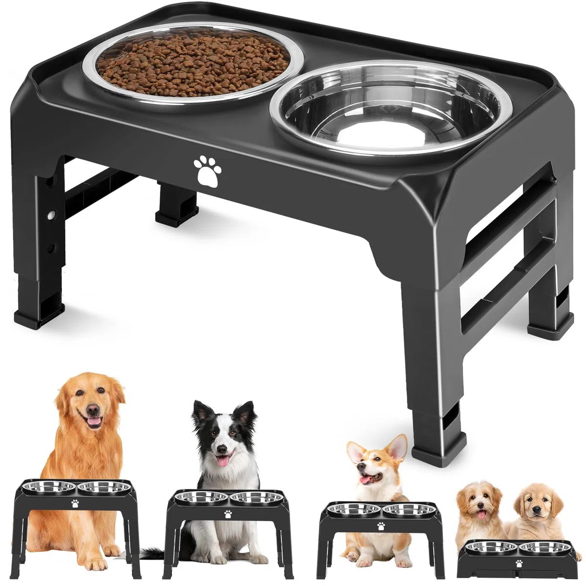 AIRMX Cuencos elevados para perros de altura ajustable con 2 cuencos de acero inoxidable para comida para perros, comedero plegable antideslizante para perros medianos y grandes, se ajusta a 12.4