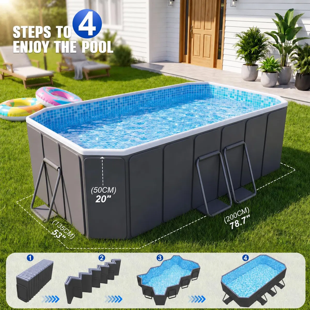 Piscina grande para perros grandes, tamaño exterior 200 x 135 x 50 cm, piscina plegable de lado duro con marco de acero, piscina no inflable para mascotas, fácil drenaje, puerto de filtro, gris