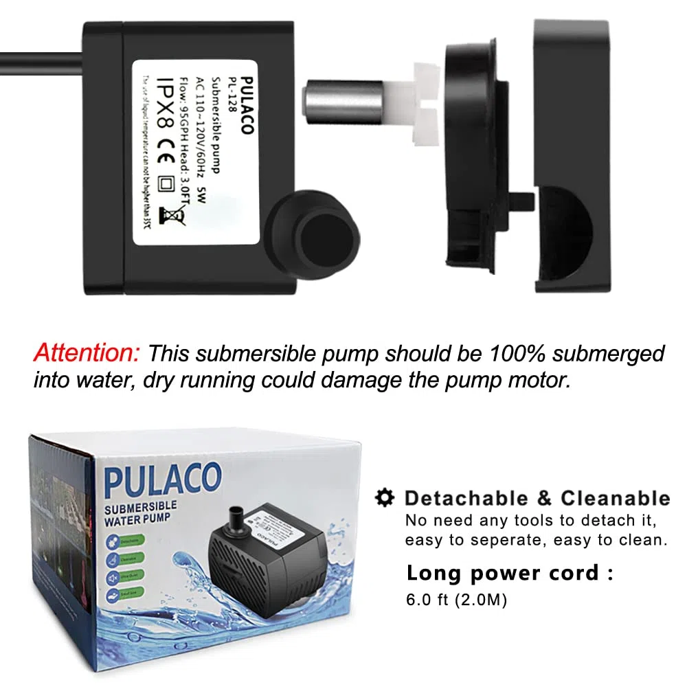 PULACO 2 bombas de agua sumergibles (95GPH 5W) para acuario, estanque, fuente, hidropónico
