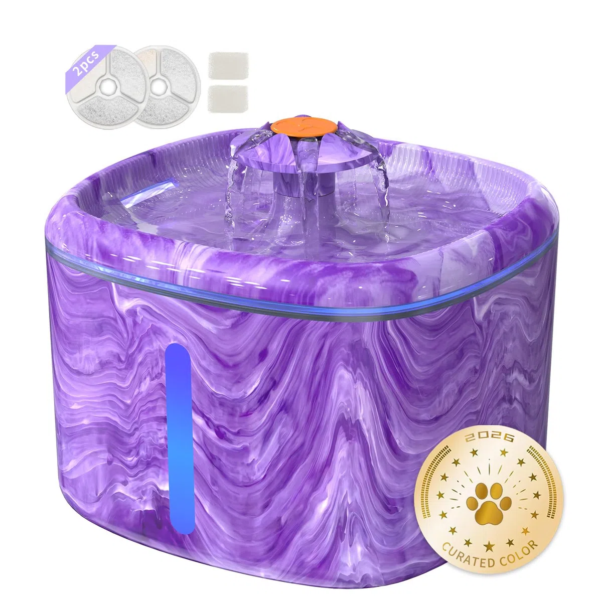 Fuente de agua para gatos morada: fuente de agua automática para mascotas para gatos de interior, 84 onzas/2.5 L, bonita fuente para gatos para beber, luz azul LED, bomba ultra silenciosa mejorada