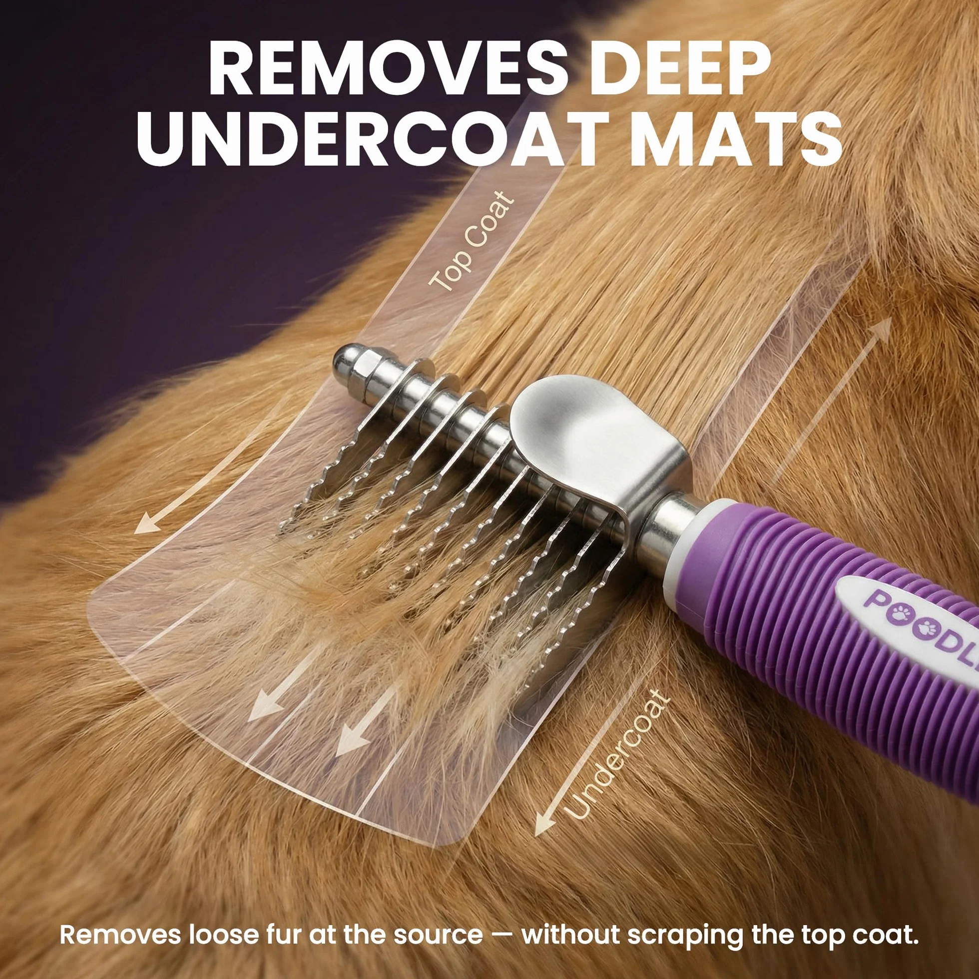 Poodle Pet - Cepillo de rastrillo para desenredar el pelo con cuchillas largas de seguridad de acero de 2.5 pulgadas para desenredar el pelo mate o anudado, accesorios de aseo seguros para perros,