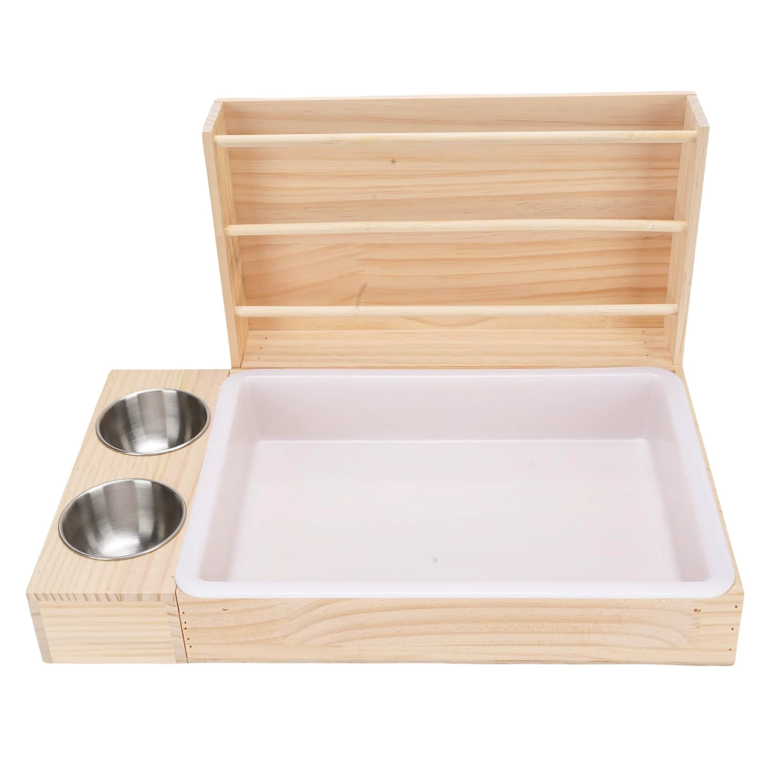 3 en 1 Alimentador de Conejo con Caja de y 2 Tazones Guinea Manger Grass Food Food Feeder Alimentador de Madera Multifuncional Estructura Anti -propina para Mascotas Pequeñas
