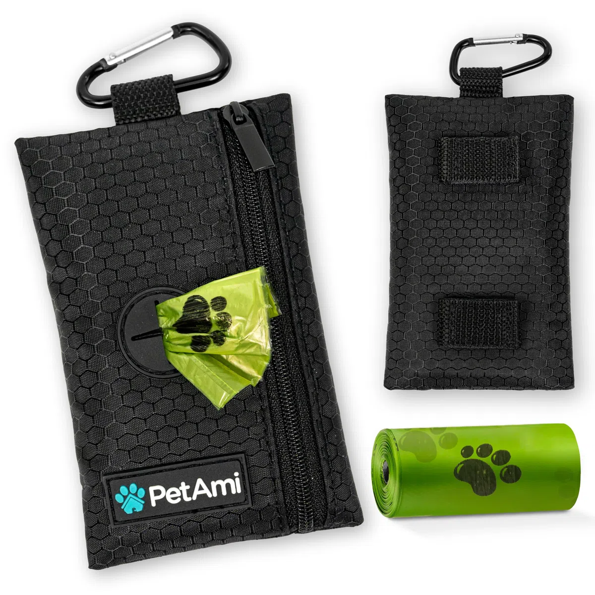PetAmi Soporte para bolsas de excremento de perro para correa, dispensador de bolsas de basura para perros con clip para cachorros, accesorios para caminar, viajes, camping, bolsa de golosinas para