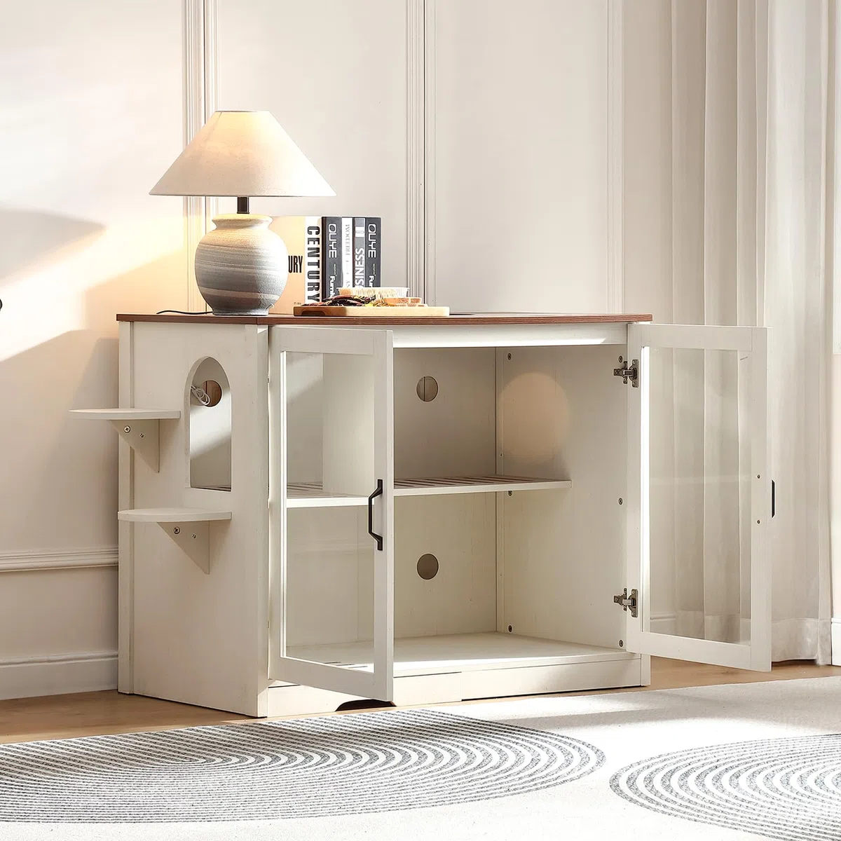 FOREST GRAVITY Mueble Arenero Step Cat Litter Box Cabinet para Gato para Moderno 125.5 * 83 * 60 cm Casa para con Puerta y Tabique Separador Blanco Antiguo