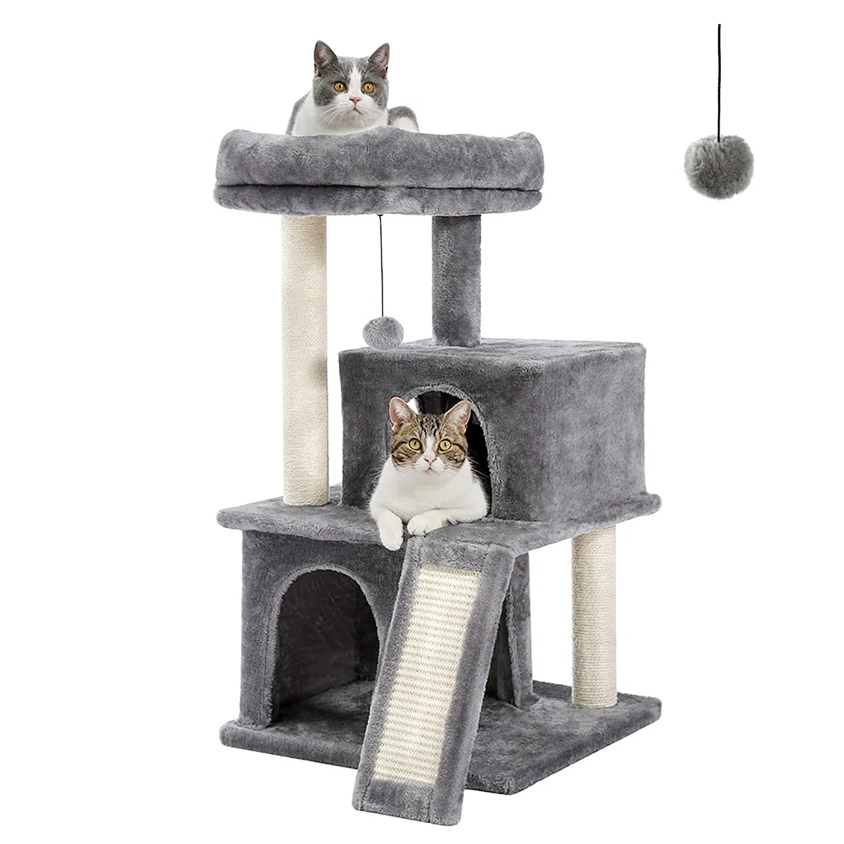 PETEPELA Rascador para gatos, 86 cm | Con cuerda de sisal, tumbona de peluche, 2 cuevas, juguete para gatos, gris
