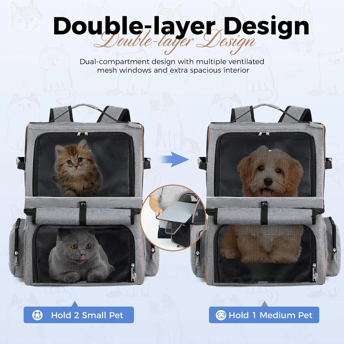 Lekesky Transportador doble para gatos para 2 gatos, mochila para mascotas para 2 mascotas, mochila de doble compartimento para mascotas para dos gatos pequeños o un perro mediano, mochila