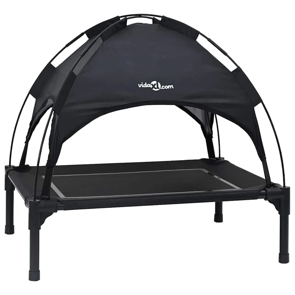Caseta para perros al aire libre con techo, cama elevada para perros, negro, 71 x 64 x 71 cm, estructura estable de acero, cama plegable para mascotas, jardín y terraza, transpirable